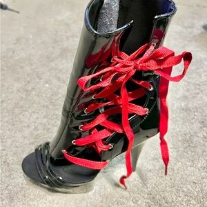 Pleaser Black and Red Patent Lace-Up Heeled Boots